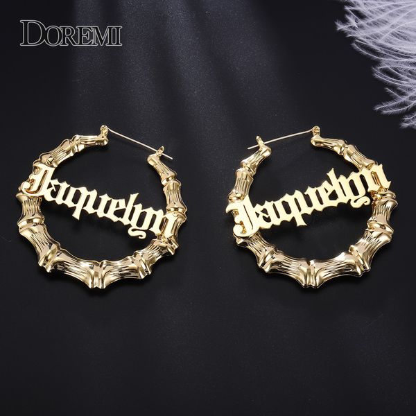 hoop huggie doremi stainless steel bamboo hoop earrings customize name earrings bamboo style custom hoop earring with statement words number, Golden;silver